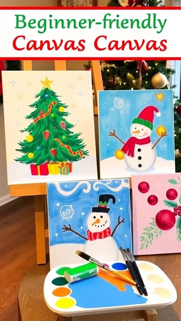 Beginner-Friendly Christmas Canvas Painting Ideas Beginner Christmas canvas paintings including a tree, snowman, and ornaments on an easel.